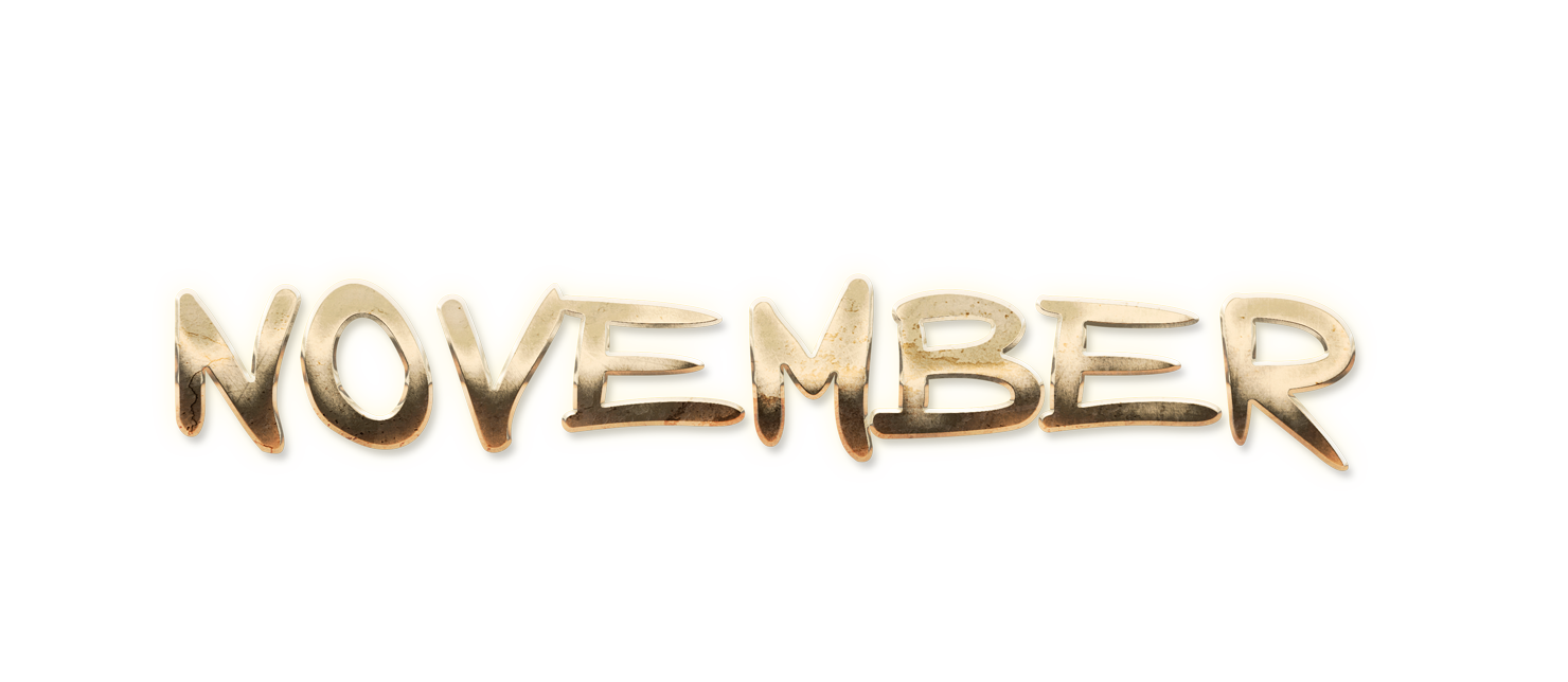 NOVEMBER month name, word NOVEMBER gold 3D text typography PNG images free